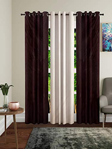 Image of Home Sizzler Polyester 3 Piece Long Door Curtain Set, 9 feet (2 Brown, 1 Cream)