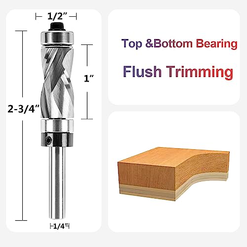 Spetool Carbide Compressiom Flush Trim Router Bit Top & Bottom Bearing 1/2 Inch Cutting Dia With 1/4 Inch Shank Pattern Template Woodworking Tool #TOP1