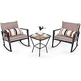 COSTWAY 3 PCS Rattan Wicker Rocking Bistro Set, Glass Coffee Tea Table and 2 Rocking Chairs with Cushion & Waist Pillow, Conversation Sets for Outdoor Garden Patio Porch (Brown)