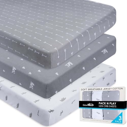 Image of GROW WILD Pack n Play Sheets 3-Pack | Baby Mini Crib Sheets for Boys or Girls | Soft Pack and Play Mattress and Crib Bedding Set | Playard Jersey Cotton Fitted Crib Sheets - Woodland Animal Gray White