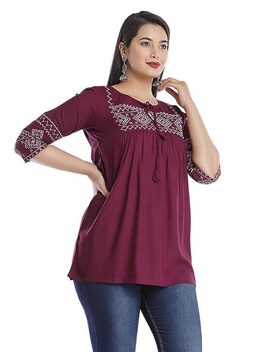 Image of Avayayat Women's Rayon Classic Heavy Embroidery Top with Beautifull Tassels at Front and on Both Sleeves Regular Fit Office Wear Festival Tunic Jeans Summer
