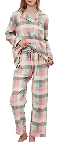 CHUNG Women Flannel Pajamas Set Brushed Cotton Button Tops Pants S-XL Sleepwear Loungewear Cozy Warm Winter