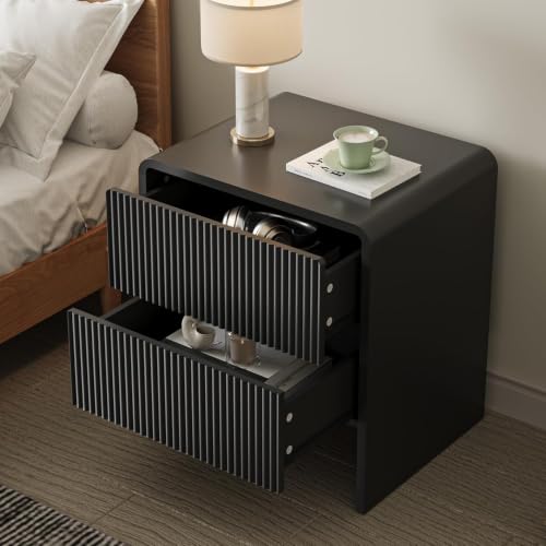 Image of Set of 2 Curved Nightstand with 2 Drawers, Wooden Bedside Table with Push to Open Storage, Modern End Table for Bedroom, Black
