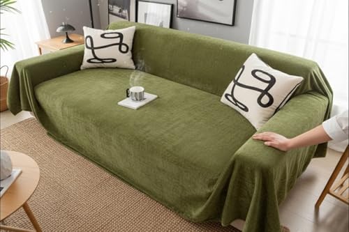 Image of The Furnishing Tree Reversible Double Sided Chenille Throw Sofa Cover, Anti-Slip Couch Cover, Comfy Sofa Towel for All Seasons, 3 Seater, Soft textured woven finish Olive Green