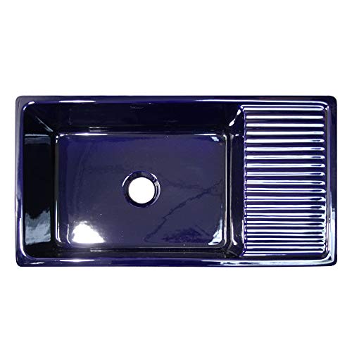 Whitehaus sapphire blue fireclay apron sink with integral drainboard