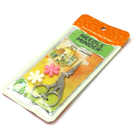 Image of Awesome Pattern Studio Needle Minder Set - Kyiv Magnetic Needle Minder + 2 Needle Threaders + Crane Scissors. Enamel Pin for Cross Stitch, Embroidery and Craft