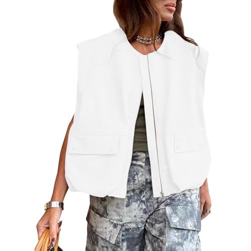 PAODIKUAI Women's Casual Zip Up Vest Cargo Ruched Hem Lightweight Sleeveless Blazer Oversized Jackets Top with Pockets Medium White