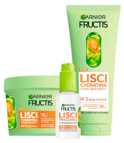 Garnier Fructis Lisci Cheratina Set Maschera 370ml + Balsamo Trattamento Lisciante Cheratina Vegetale e Olio di Argan 200ml + Siero Termoprotettore Lisci Impeccabili 50ml per Capelli Crespi - Set da 3