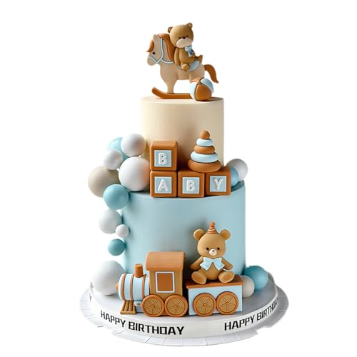 35-Piece Blue and Khaki Bear Theme Birthday Cake Decoration Set - Adorable PVC Accessories for Celebrations