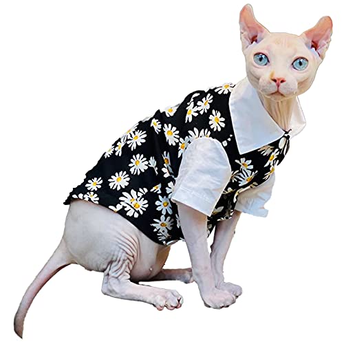Sphynx Katze Sommerkleidung Mode Blumendruck Atmungsaktiv Weiche Knopf Baumwolle Weste Haustier Kleidung für Katze Kätzchen Shirts mit Ärmeln (schwarzer Druck, XL (4-5 kg)) Cover
