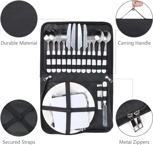 Image of Camping Crockery Set, Silver, 20-Piece Cutlery for 4 People, Portable Stainless Steel Picnic Tableware With Case, Ideal for Travel, Hiking and Outdoor Picnics