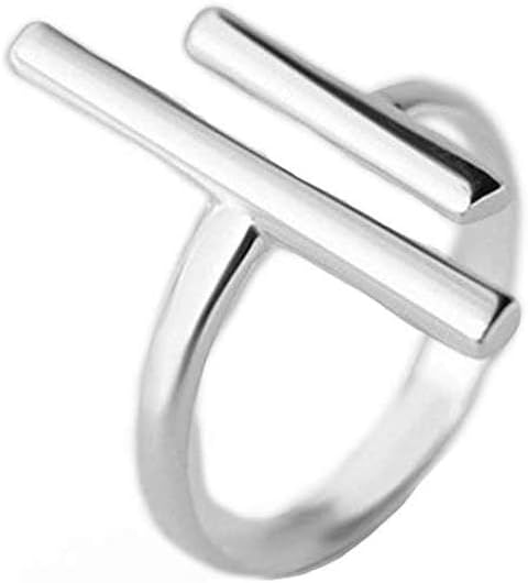 Double T Parallel Bar Minimalist 925 Sterling Silver Engagement Open Ring Dainty Adjustable Simple Statement Finger Rings Band Jewelry Birthday Gifts for Women Teen Girls Girlfriend Her Christmas