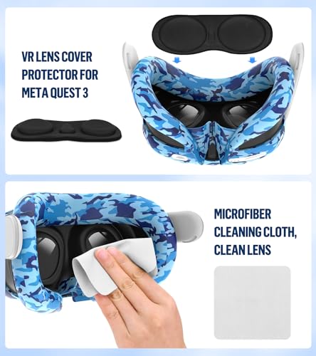 Silicone Cover Set Compatible with Oculus/Meta Quest 3, Touch Controller Grips Cover, VR Shell Cover, Facial Interface Cover, Protective Lens Cover, Tempered Glass Lens Caps (Camouflage Blue) - Thumbnail 6