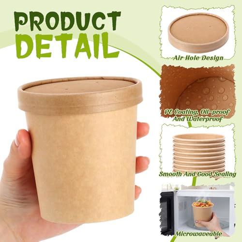 Image of Fulmoon 16 oz 100 Pack Paper Containers with Lids Soup Bowl Cup, Brown | Disposable Ice Cream Cup, Kraft Food Containers with Vented Lid Stackable for Hot Soup Dessert Cake Fruit Microwave Takeout