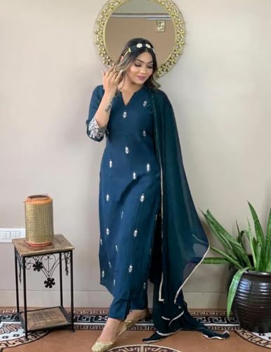Image of Women Premium Collection Rayon Embroidered Straight Kurta Pant Dupatta Festive Ethnic Apparel Set