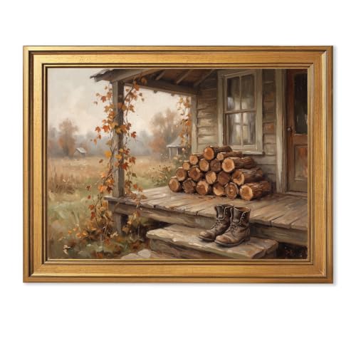 Gold Vintage Framed Farmhouse Porch Wall Art, Rustic Cabin Woodpile Print