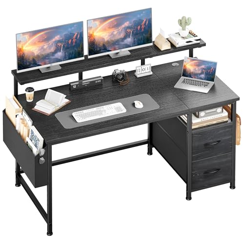 Klyvvo 120x48 Schreibtisch mit 2 Schubladen Bieten Stauraum, Gaming Schreibtisch mit Monitorständer, 2 Ablagehaken, Kabelführungsfach, Geeignet für Homeoffice-Mitarbeiter, Gamer und Designer, Schwarz