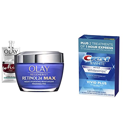 Olay Regenerist Retinol 24 MAX Night Face Cream, Fragrance Free (1.7 Oz) + Travel Size Whip Moisturizer and Crest 3D Vivid Plus Teeth Whitening Kit, Individual Basic Flavorless Whitestrips (24 Count) -  Procter & Gamble