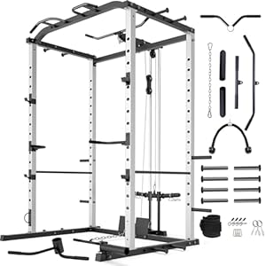 VANSWE Power Cage with LAT Pulldown Attachment, 1200-Pound Capacity Power Rack Full Home Gym Equipment with Multi-Grip Pull-up Bar, Landmine, T bar and Dip Handle (2024 Updated Version)