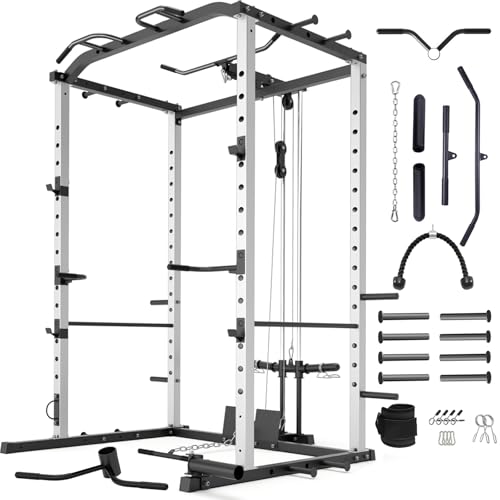 VANSWE Power Cage with LAT Pulldown Attachment, 1200-Pound Capacity Power Rack Full Home Gym Equipment with Multi-Grip Pull-up Bar, Landmine, T bar and Dip Handle (2024 Updated Version)