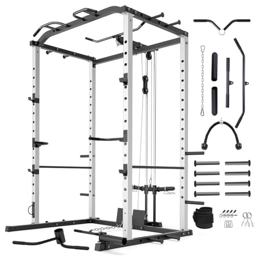 Power Rack Power Cage 1000-Pound Capacity Home Gym Equipment Exercise Stand Olympic Squat Cage with LAT Pull Attachment, Multi-Grip Pull-up Bar and Dip Handle