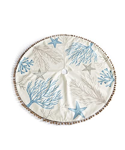 Giftcraft 682936 Christmas Embroidered Coral And Starfish Tree Skirt With Pom-Pom Trim, 48 Inch, Polyester And Plastic #TOP1