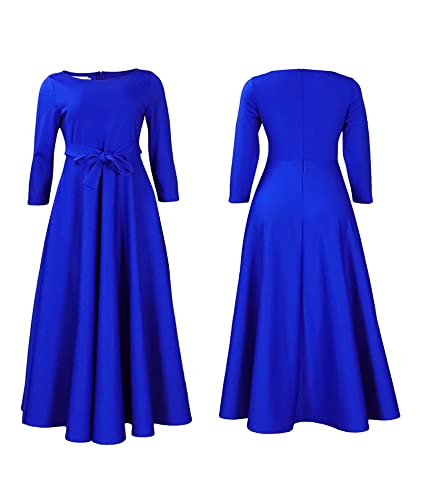 Image of SEMATOMALA Women's A Line Self Tie Waist Maxi Dress Round Neck Long Sleeve High Waist Plus Size Swing Flare Long Dresses