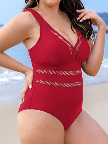 CUPSHE Women's One Piece Swimsuit Plus Size Bathing Suit V Neck Hollow Out Mesh Swimwear3
