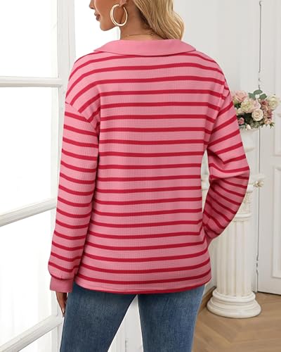Vivilli Office Tops For Women Work Cotton Business Casual Collared Shirts For Women Striped Long Sleeve Polo Shirts Dressy Knit V Neck Tunic Tops Fall Professional Clothes Trendy Tops Red Pink L thumb #3