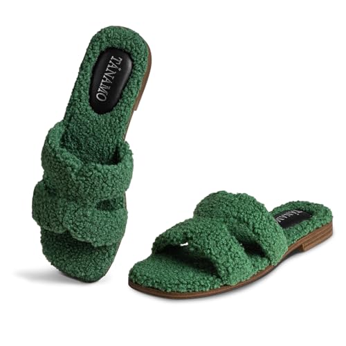 Tanamo Women's Fuzzy Cozy Slippers Slides House Slippers for Women Indoor Outdoor Dressy Flat Sandals Square Open Toe Casual Green Size 10