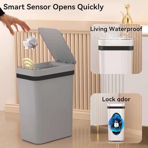 Image of FRESHLIX 3 Pack Bathroom Trash Can 2.6 Gallon Small Touchless Automatic Motion Sensor Trash Cans Slim Waterproof Garbage Bin with Lid for Kitchen, Office, Bedroom Black White Grey