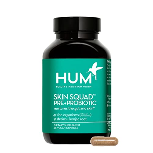 HUM Skin Squad - Probiotic Supplement for Clear Skin - Prebiotic and Probiotic Blend for Balanced Gut Health - Supports a Healthy Gut Microbiome + Digestion - Vegan Daily Probiotic (60 Capsules)