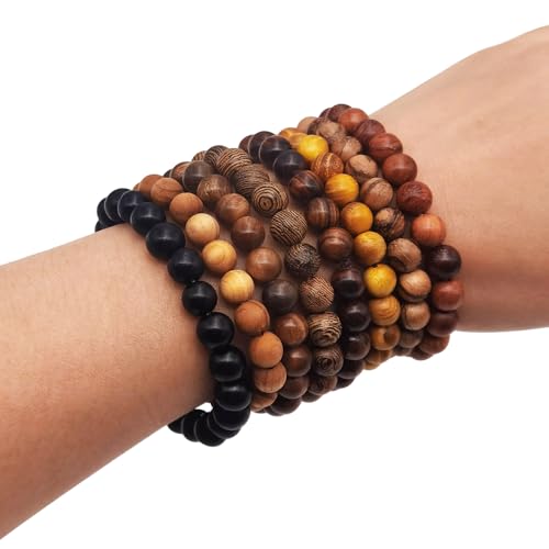 8 Pieces Natural Wood Elastic Beaded Bracelet for Men and Women