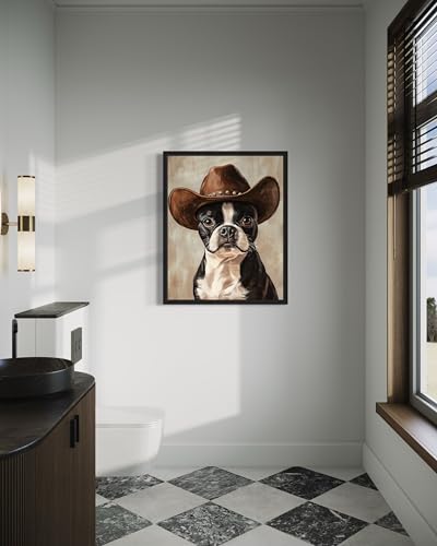 Image of Boston Terrier Cowboy Hat Black Framed Wall Art Print Poster, Dog Pet Lover Picture Painting Artwork Bedroom Living Room Office Dining Room 150D (Boston Terrier Cowboy Hat, 10 inch L x 8 inch W, Black Frame)