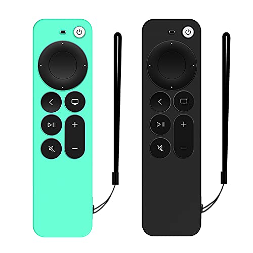 DAZUAN 2 PCS Funda de Silicona para Control Remoto Apple TV 4K 2021, Funda Protectora de Cuerpo Completo a Prueba de Golpes para Control Remoto Siri 6nd Gen con Cuerda Antipérdida (Verde Hielo+Negro)