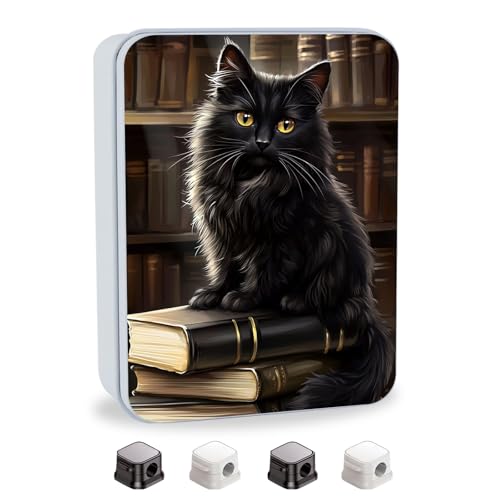 Image of Metal Tin Box with Lid,Multi-functional Storage Large Box Can Store Tea Biscuits Game Cards, Playing & Tarot Cards-Comes with 4 Magnetic Cord Clips,Black Cat on Books