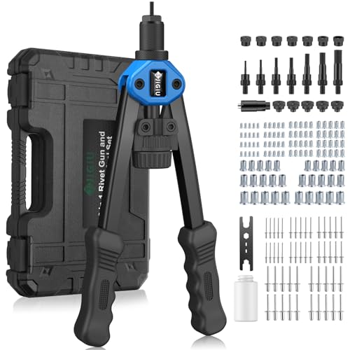 JiGiU Remachadora de Tuerca y Pistola de Remachador 2 en 1, Juego de Alicates para Remachar con M3 M4 M5 M6 M8 M10 M12 y 5 Cabezas Remachables 3.2 4.0 4.8 6.0 6.4mm con 110 Tuercas y 50 Remaches-Azul