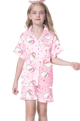 Image of Umeyda Women & Girls Pajamas Set, Soft Satin Lightweight Silk Button-Down Top with Shorts 2 Piece PJS for Mom Boys Kids Gifts