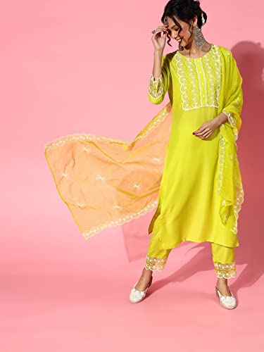 Image of INDO ERA Women's Silk Blend Floral Embroidered Straight Kurta with Pant & Dupatta Set (21DDD8446 Olive)