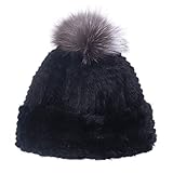 surell - Genuine Mink Fur Textile Knit Cuff Beanie with Fox Fur Pom - Thick Fuzzy Ski Style Hat -...