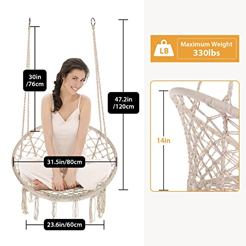 Image of Garpans Hammock Chair Macrame Swing Set of 2 Bohemian Style Hammock Swing Chair with Tassels Hanging Swing Chair Handmade Knitted Cotton Rope for Indoor Outdoor Bedroom Patio Max 330 Lbs Beige