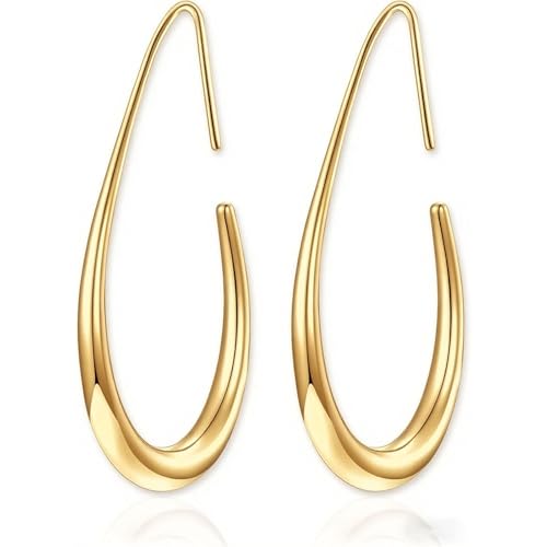 Lightweight Gold Teardrop Hoop Earrings for Women -18K Gold Plated Stainless Steel Statement Earrings,Hypoallergenic,Large Oval Pull-Through Hoops Earrings Delicate Jewelry Gifts