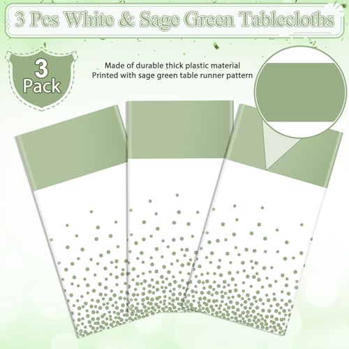 Image of 3Pcs White and Sage Green Tablecloth Decorations,Plastic White Table Cloth Printed Green Table Runner Disposable Rectangle Tables Cover for Birthday Wedding Anniversary Graduation Party,54 x108 Inch