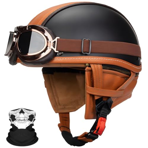 SYEBVTQ Vintage Deutsche Motorrad Halbhelme Halbschalenhelm ECE-Zertifizierung Motorradhelm für Herren Chopper Helm mit Sonnenbrille Jethelm Retro, Scooter Helm, Cruiser Moped Offenem Helm