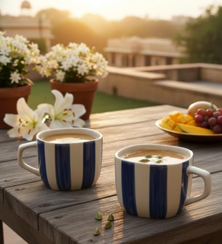 Image of DATA Ceramic Zen Stripes Hand Painted Coffee Mugs in Blue Lines, Set of 6, 199 Ml