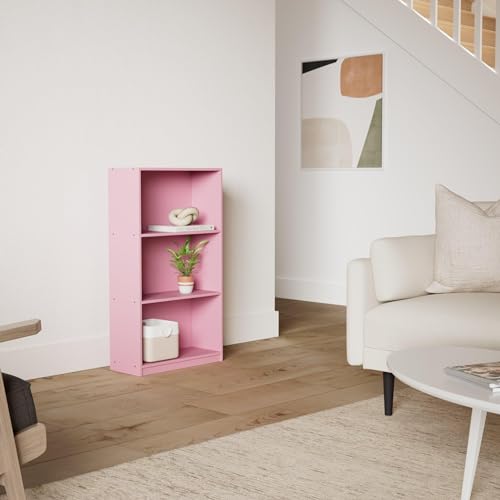 Furinno BASIC Book Shelf, 3-Tier Modern Bookshelf, Bookcase with Open Shelves, 9.3 x 21.8 x 39.5, for Living Room, Bedroom, Home Office, Pink