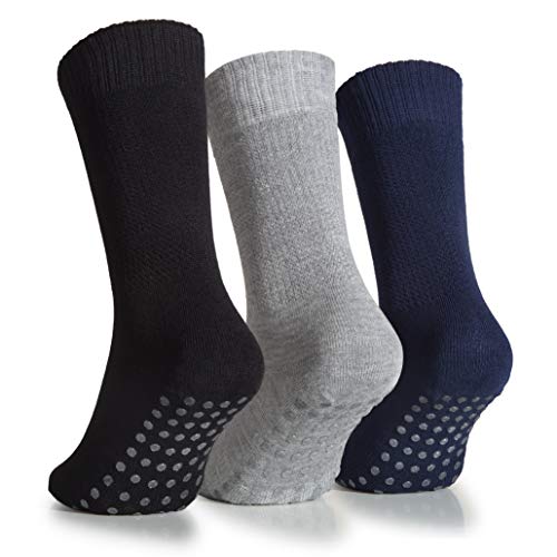 Hugh Ugoli Bamboo Non Slip Grip Diabetic Socks Thin Non Skid Hospital Socks With Seamless Toe, 3 Pairs, Assorted, Shoe Size: 10-12