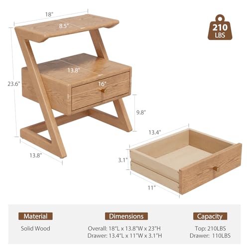 Image of Z-Shaped Solid Wood Nightstand with Drawer,Z Wooden Night Stand with Open Storage,Bed Side Table with Drawer for Bedroom, Modern Mid Century end Table Easy Assembly