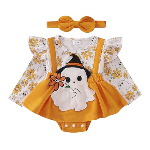 Infant Baby Girl Romper Dress Halloween Thanksgiving Christmas Outfit Cute Ruffle Long Sleeve Bodysuit Jumpsuits(Yellow,9-12 Months)