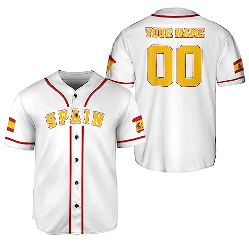 Podagree Personalized Spain Baseball Jersey, Spanish Proud Flag Jersey Shirt Espana Coat of Arms Peruvian Gift for Men Women (SP11)